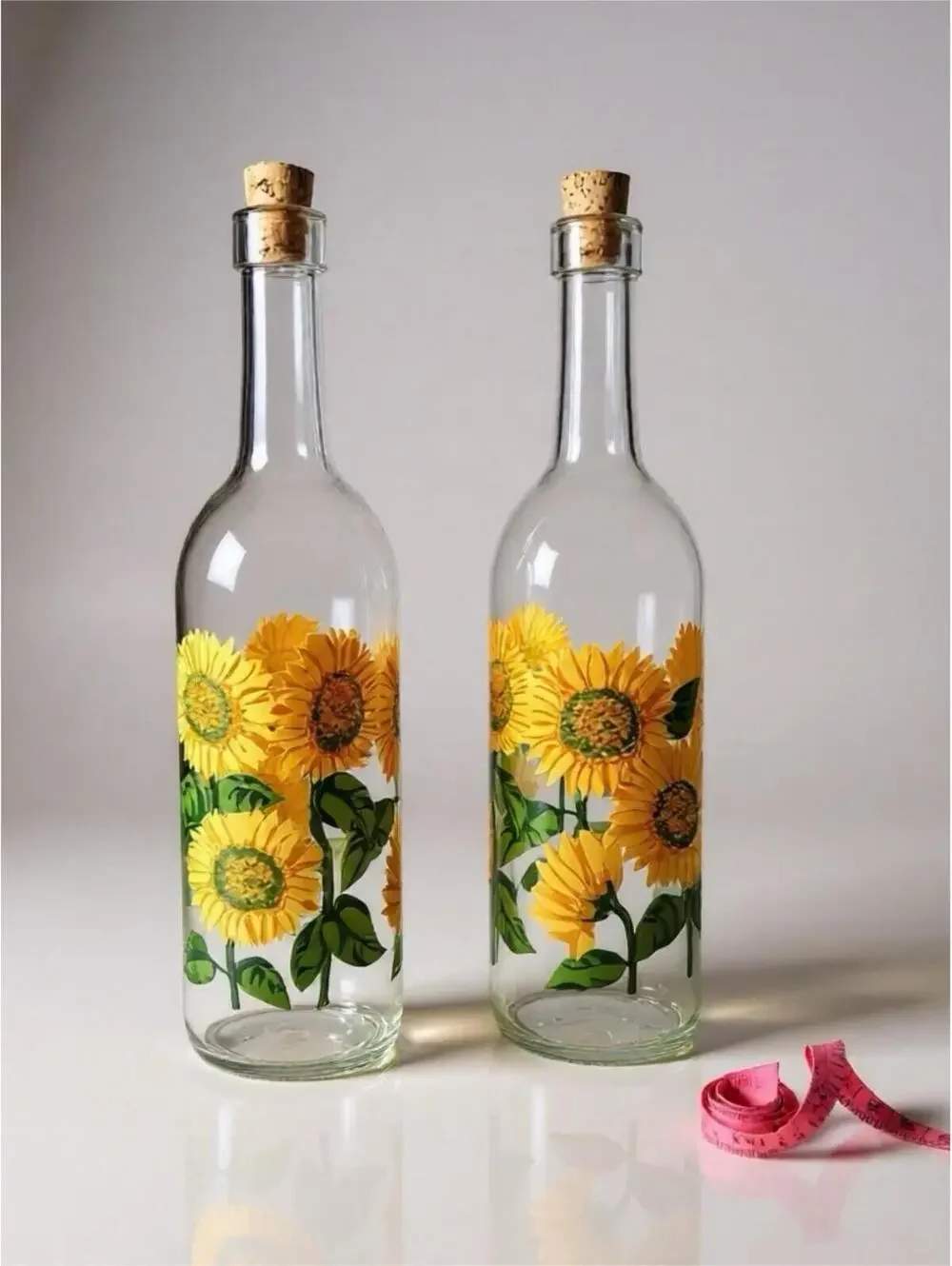 Vintage Sunflower Glass Bottles with Cute Garden Gnome Figurine